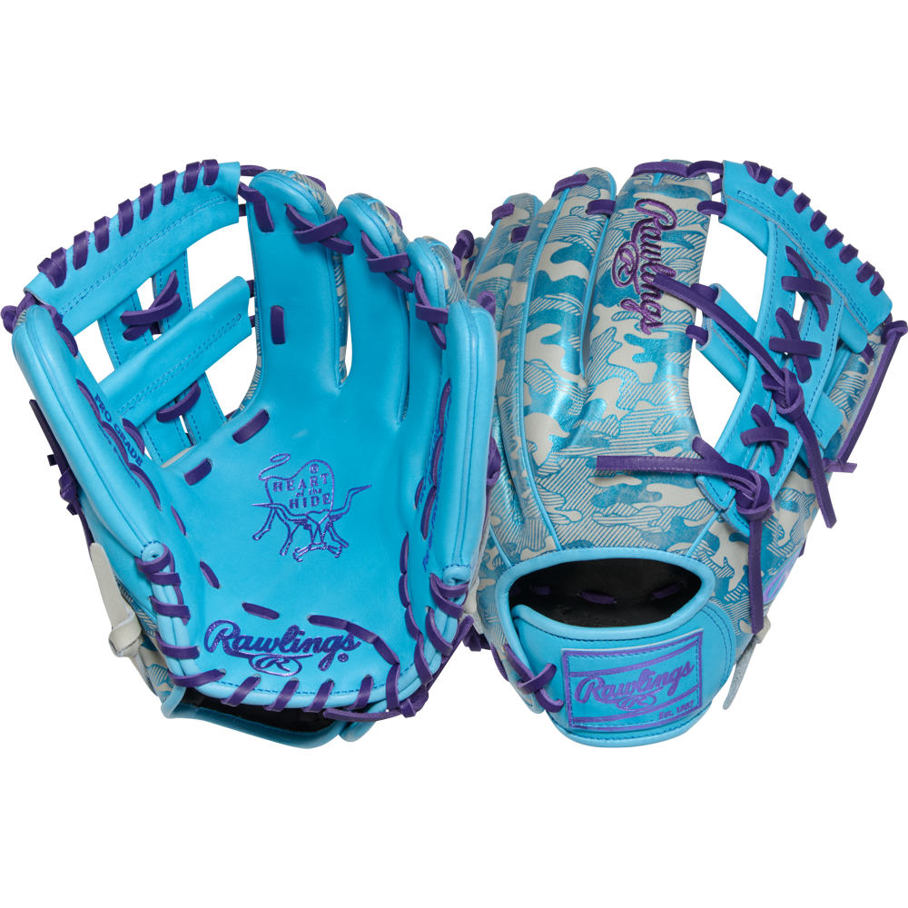 Two Rawlings Heart of the Hide 11.75" PROR205U-32CBG infield gloves in blue/light gray with purple laces, patterned back, Rawlings branding, and Heart of the Hide palm graphic. August 2025 RGGC release.