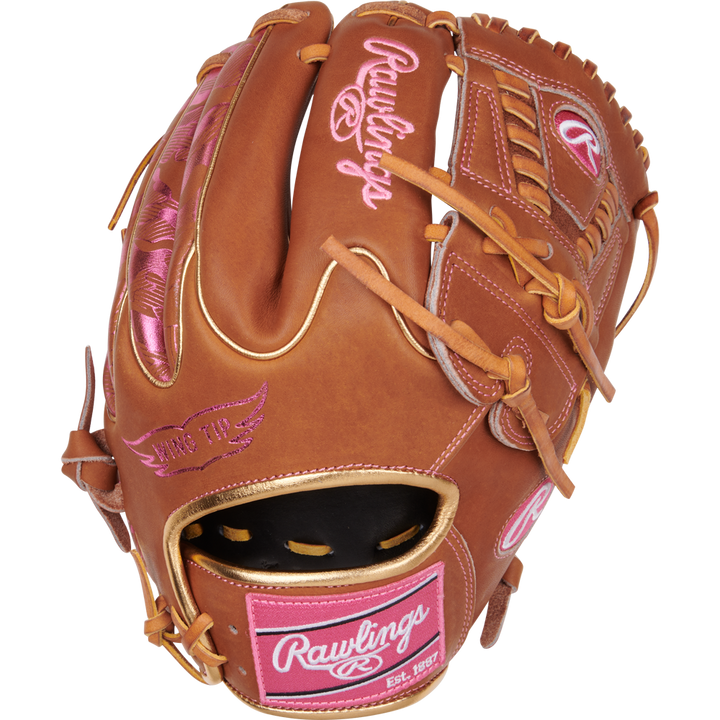 The Rawlings Heart of the Hide 11.75" Color Sync Baseball Glove (PROR205W-30GB) features brown leather, pink stitching, and ColorSync accents, including the Rawlings logo and embroidered details, shown against a white background.