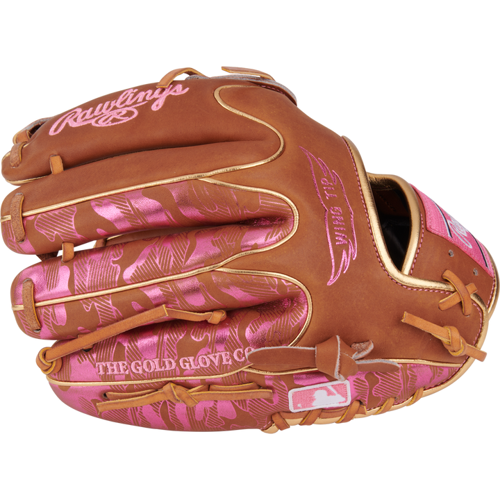 The Rawlings Heart of the Hide 11.75" Color Sync glove (PROR205W-30GB) features brown leather, pink camo accents and stitching, ColorSync details, "The Gold Glove Co." text, and an MLB logo near the wrist.