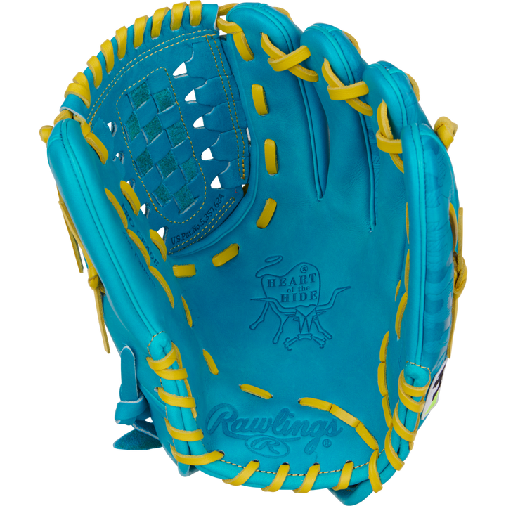 The Rawlings Heart of the Hide 12" Color Sync Baseball Glove (PROR206CFB-11TE) is a bright blue pitcher’s glove with yellow laces, basket web design, detailed stitching, and the Heart of the Hide logo stamped on the palm.