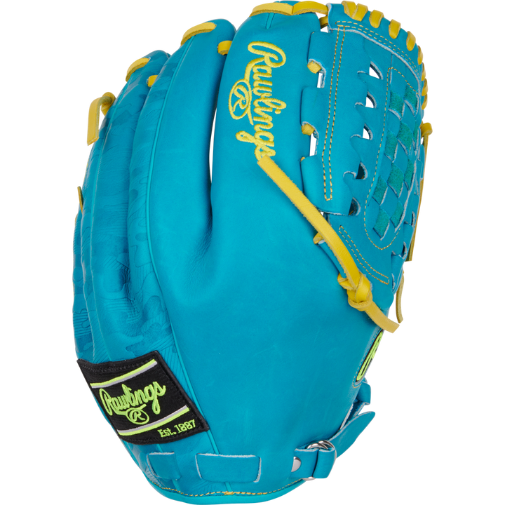 The Rawlings Heart of the Hide 12" Color Sync Baseball Glove (PROR206CFB-11TE) features turquoise leather, yellow lacing, neon green accents, a woven web, and distinctive Rawlings logos for standout style.
