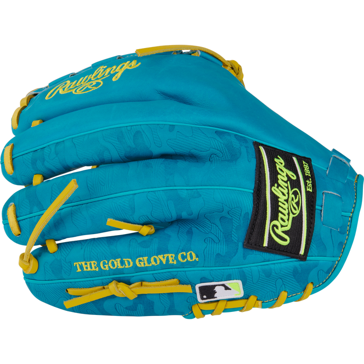 The Rawlings Heart of the Hide 12" Color Sync Baseball Glove (PROR206CFB-11TE) features a turquoise design with yellow laces, the Rawlings logo and "THE GOLD GLOVE CO." text in yellow, plus a black and white MLB logo patch near the wrist.