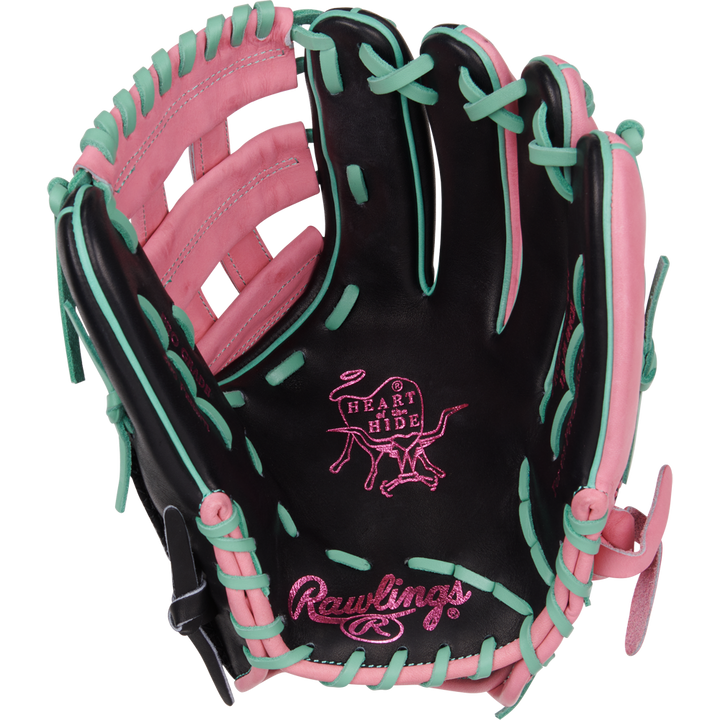 The Rawlings Heart of the Hide 12.25" Color Sync Glove (PROR207-6BP) features black leather, pink and teal laces, a pink interior, and embroidered Heart of the Hide logos on the palm.