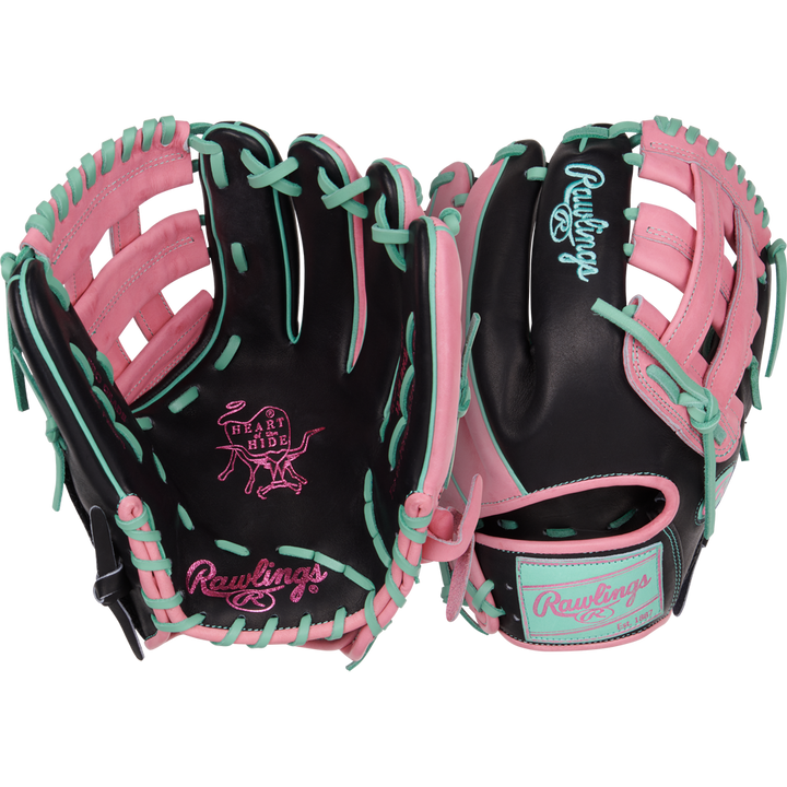 Two Rawlings Heart of the Hide 12.25" Color Sync Baseball Gloves (PROR207-6BP) are shown, featuring a black base with pink and mint green lacing, plus prominent Rawlings branding and the iconic "Heart of the Hide" logo.