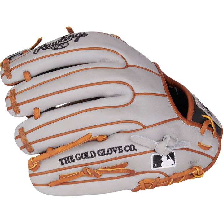 The Rawlings Heart of the Hide ContoUR 11.5" Baseball Glove (PROR234U-2DS) features a gray design with tan laces, The Gold Glove Co. and MLB logos, plus a superior ContoUR Fit for top-tier infield performance.