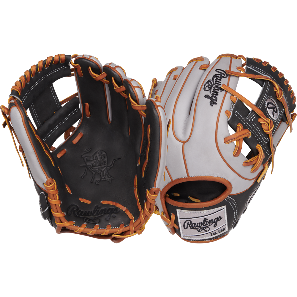 Two Rawlings Heart of the Hide ContoUR 11.5" gloves (PROR234U-2DS) are shown: one displays the black palm, the other highlights the white, black, and orange exterior with Rawlings logos and leather laces.