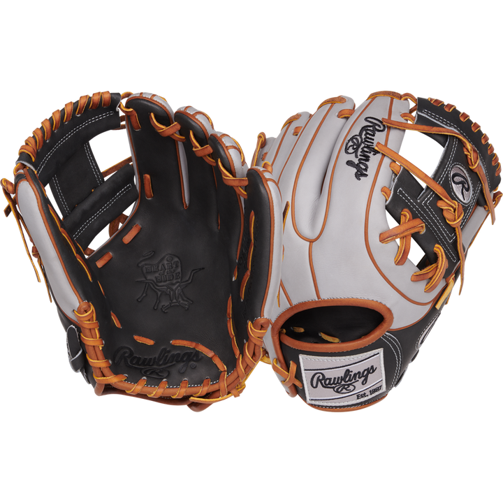 Two Rawlings Heart of the Hide ContoUR 11.5" gloves (PROR234U-2DS) are shown: one displays the black palm, the other highlights the white, black, and orange exterior with Rawlings logos and leather laces.