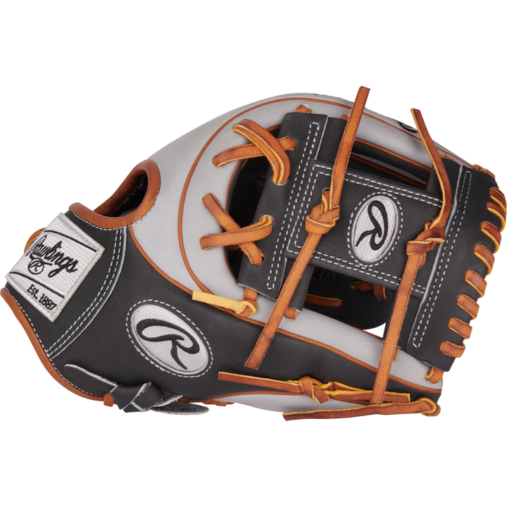 The Rawlings Heart of the Hide ContoUR 11.5" Baseball Glove (PROR234U-2DS) features gray, black, and brown leather with yellow laces and Rawlings logos on the wrist strap and thumb, displayed on a plain white background.