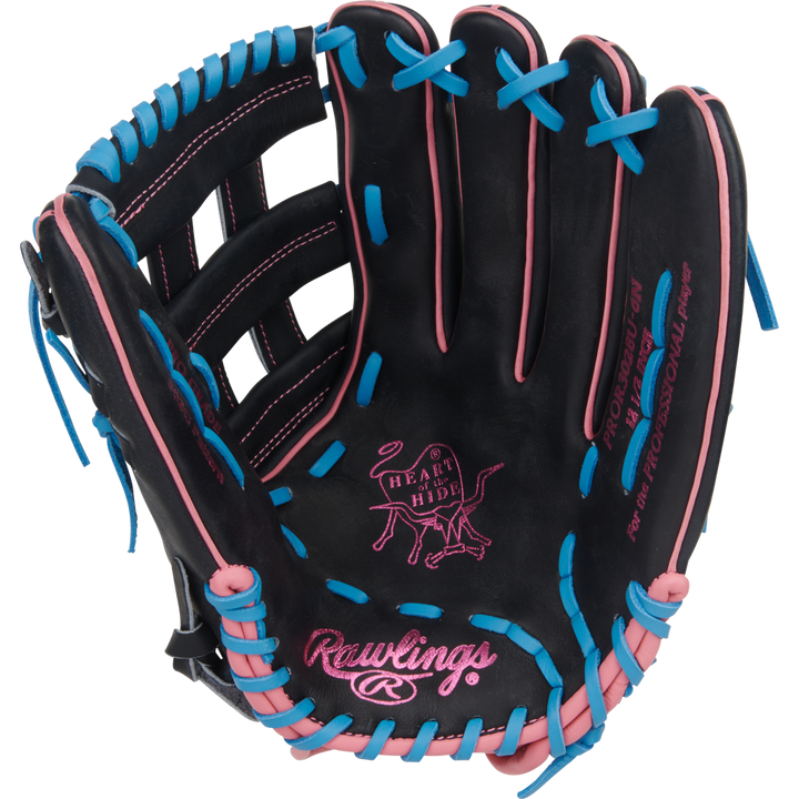 The Rawlings Heart of the Hide 12.5" Baseball Glove (PROR3028U-6N) is a black outfield glove with pink and blue laces, ContoUR fit design, and the Heart of the Hide logo on the palm.