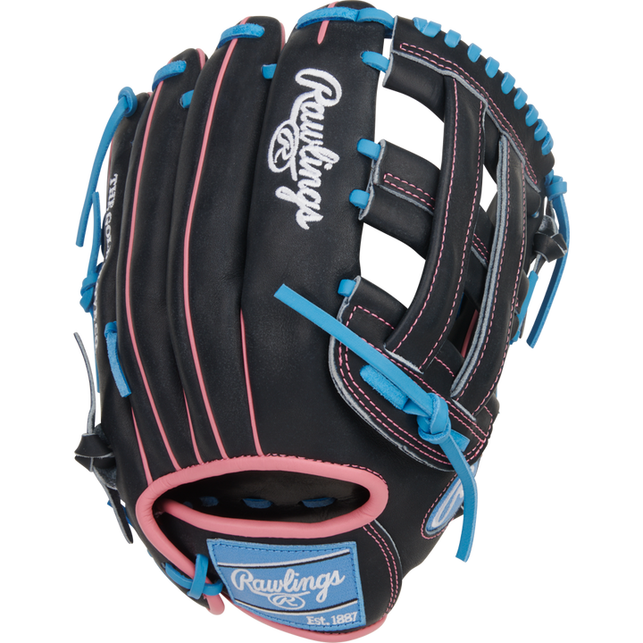The Rawlings Heart of the Hide 12.5" Baseball Glove (PROR3028U-6N) is black with pink stitching, blue laces, a white Rawlings logo, and a blue Est. 1887 tag—perfect for outfielders seeking standout style and performance.