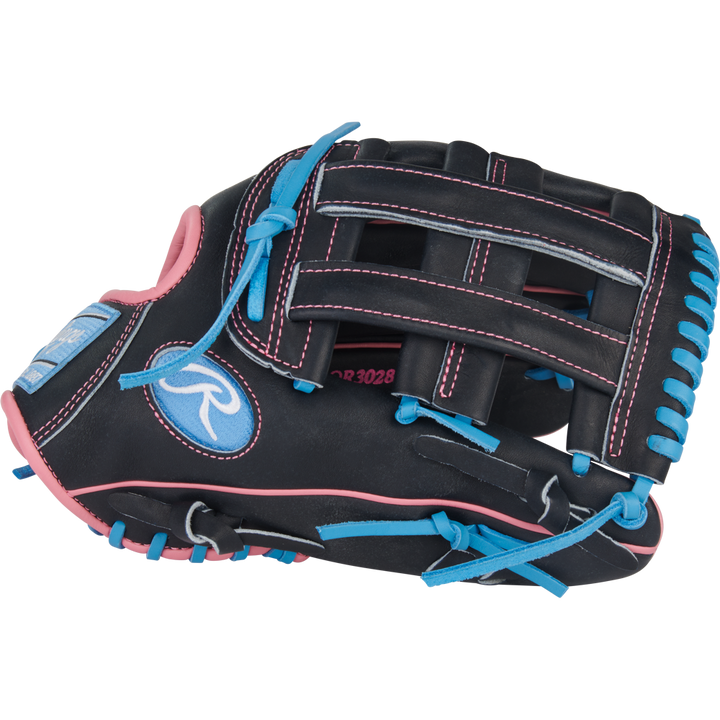 The Rawlings Heart of the Hide 12.5" Baseball Glove (PROR3028U-6N) features black leather, ContoUR fit, pink trim, blue laces, a woven web, and a light blue "R" logo patch; it's shown on a white background.