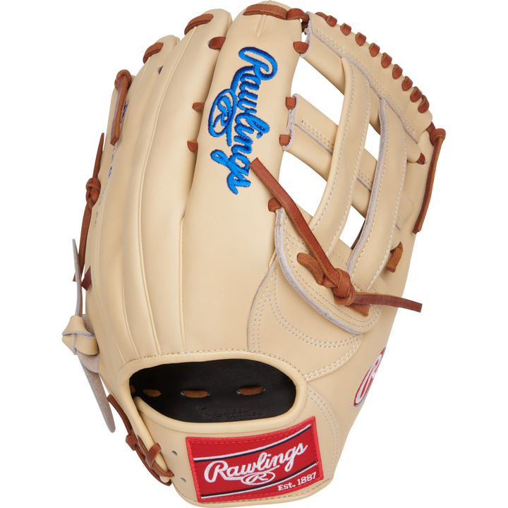 The Rawlings Heart of the Hide 12.75" Baseball Glove (PRPROR3039-6CDT) features a tan outfield design with brown laces, blue logo embroidery, and a red Rawlings patch on the palm, shown from the back on a white background.