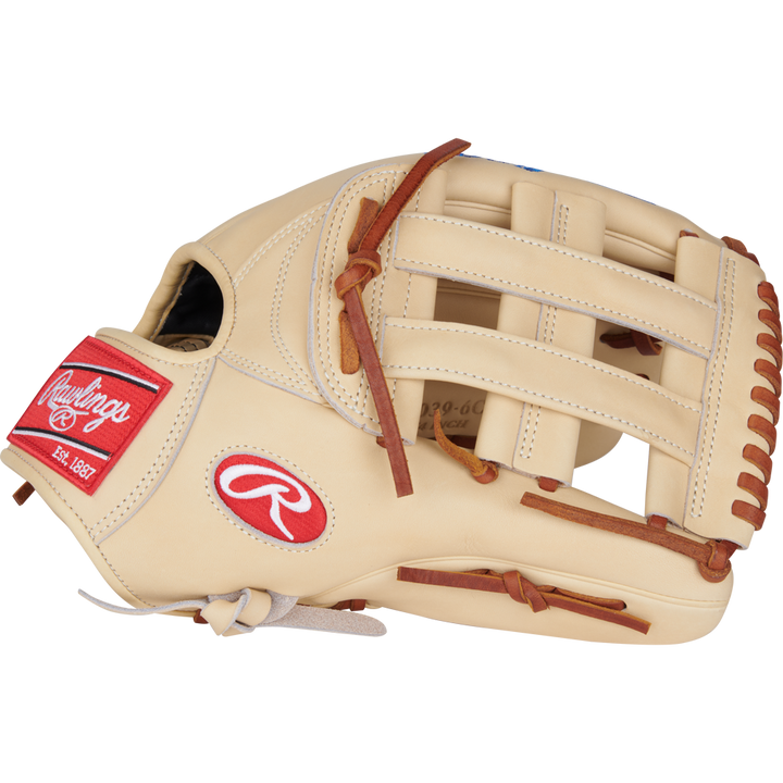 The Rawlings Heart of the Hide 12.75" Baseball Glove (PRPROR3039-6CDT) features a tan outfield design with brown laces, an open web, and a red-and-white Rawlings logo patch, displayed against a plain white background.