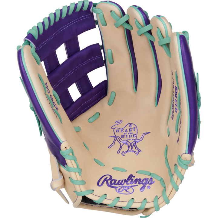 The Rawlings Heart of the Hide 12.75" Color Sync Baseball Glove (PROR3039-6CPU) features a tan design with purple lacing, teal stitching, purple branding, an open web, and the iconic Heart of the Hide logo on the palm.