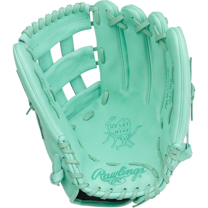 The Rawlings Heart of the Hide 12.75" Baseball Glove (PROR3039-6M) features a mint green color, open web design, visible stitching, and embossed palm logos.
