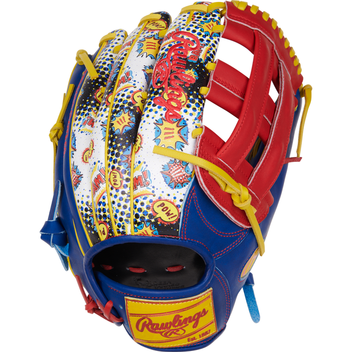 The Rawlings Heart of the Hide 12.75" Color Sync Baseball Glove (PROR3039-6RSS) features comic book-style graphics with âPow!â and âWow!â on the back, plus bold red, blue, yellow, and white accents for standout style.