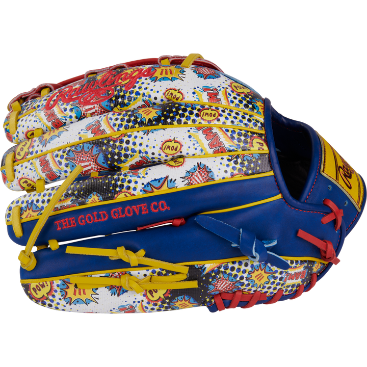 The Rawlings Heart of the Hide 12.75" Color Sync Baseball Glove (PROR3039-6RSS) boasts a comic book-inspired design with blue, yellow, white, and red pop art accents and "THE GOLD GLOVE CO." stitched on the side.