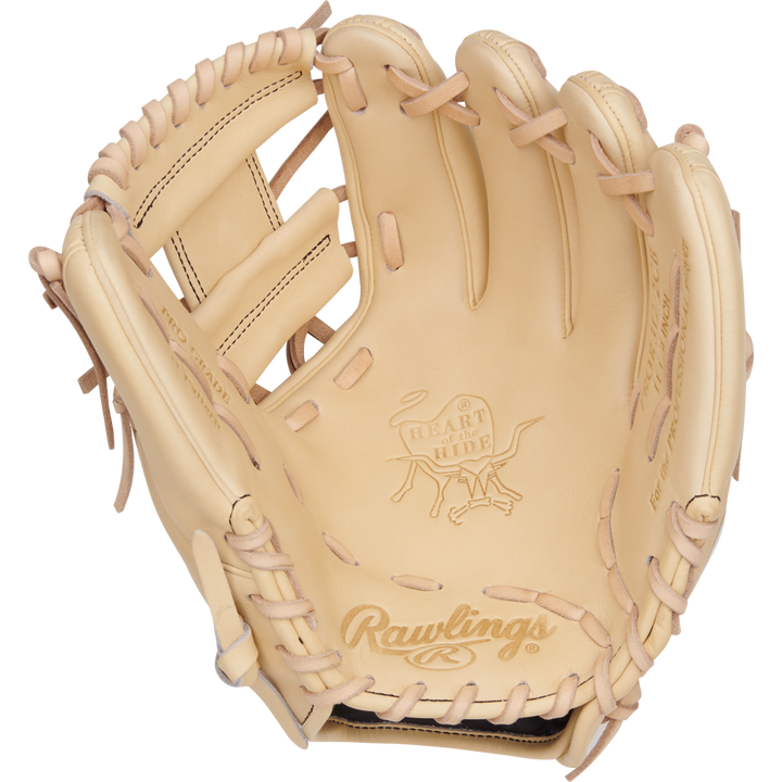 The Rawlings Heart of the Hide 11.25" Baseball Glove (PROR312-2CB) is a tan leather infield glove with a Pro-I web, visible stitching, and the iconic Heart of the Hide logo embossed on the palm.