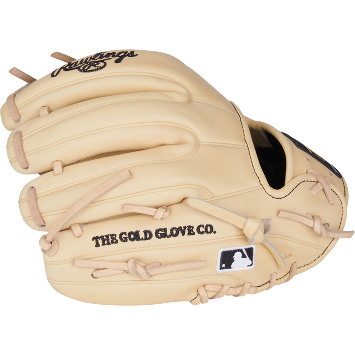 A tan Rawlings Heart of the Hide 11.25" Baseball Glove (PROR312-2CB) with black stitching, Pro-I web, THE GOLD GLOVE CO. and MLB logos on the side, is shown against a white background.