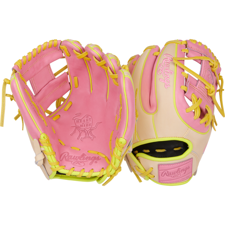 Two Rawlings Heart of the Hide 11.25" Color Sync gloves in pink, cream, and yellow with yellow laces are shownâone displays the palm, the other shows the back featuring a bold Rawlings logo and Colorsync accents.