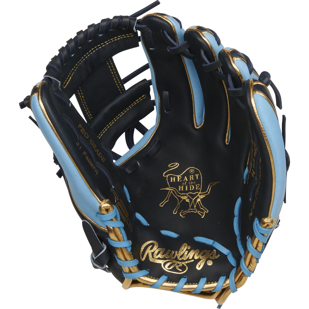 The Rawlings Heart of the Hide 11.5" R2G Baseball Glove (RPROR314-2NCB) features black and light blue leather, gold stitching and accents, R2G game-ready technology, and the classic Rawlings logo on the palm.