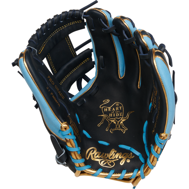The Rawlings Heart of the Hide 11.5" R2G Baseball Glove (RPROR314-2NCB) features black and light blue leather, gold stitching and accents, R2G game-ready technology, and the classic Rawlings logo on the palm.
