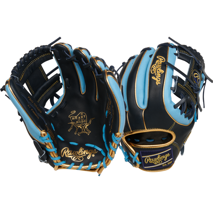 Two Rawlings Heart of the Hide 11.5" R2G Baseball Gloves (RPROR314-2NCB) in black and light blue with tan stitching, shown front and back, feature signature branding and advanced R2G technology for a game-ready feel.