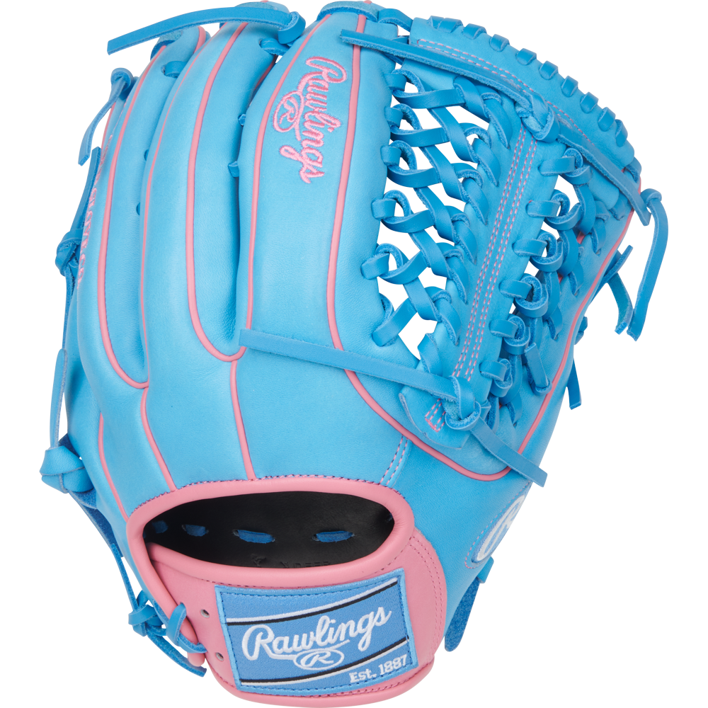 The Rawlings Heart of the Hide 12.75" Baseball Glove (PROR3319-4CB) is a bright blue outfield glove with pink accents, pink logo on the glove and wrist strap, plus blue laces throughout.