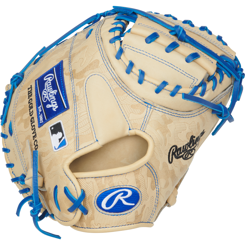The Rawlings Heart of the Hide 32.5" Baseball Catcher's Mitt (PRORCM325U-23C) features blue straps, a secure Contour Fit, and premium on-field performance.