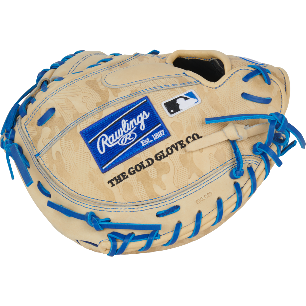 The Rawlings Heart of the Hide 32.5" Baseball Catcher's Mitt (PRORCM325U-23C) features a tan design with blue laces, Rawlings patch, The Gold Glove Co. text, and Contour Fit, displayed on a plain white background.