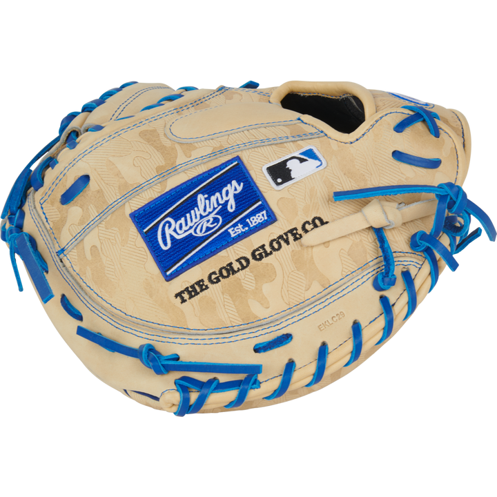 The Rawlings Heart of the Hide 32.5" Baseball Catcher's Mitt (PRORCM325U-23C) features a tan design with blue laces, Rawlings patch, The Gold Glove Co. text, and Contour Fit, displayed on a plain white background.