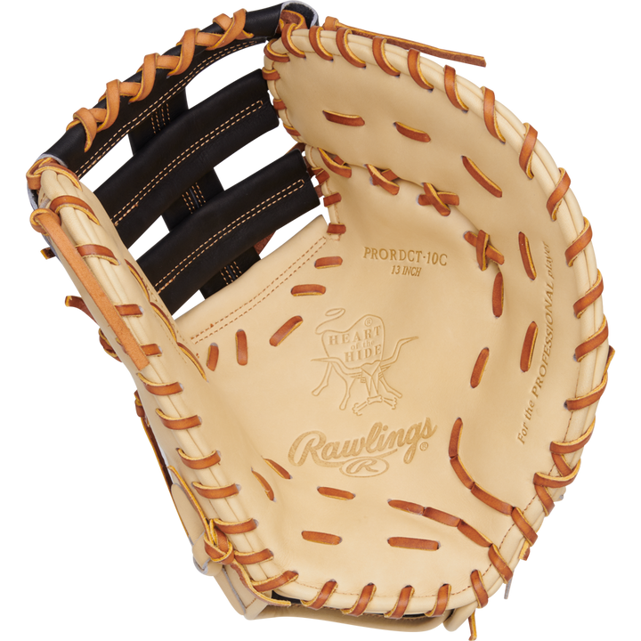 A close-up of the Rawlings Heart of the Hide 13" Baseball First Base Mitt (PRORDCT-10C), showing tan leather, brown lacing, and visible Rawlings branding inside.