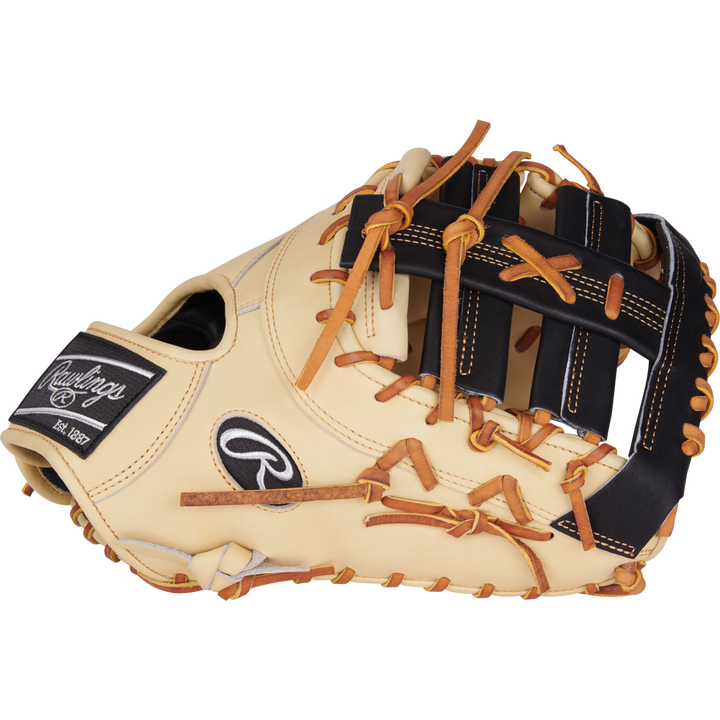 The Rawlings Heart of the Hide 13" First Base Mitt (PRORDCT-10C) features tan and black leather with brown laces and visible stitching, displayed against a white background.