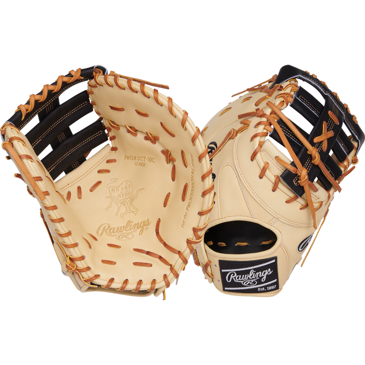 The Rawlings Heart of the Hide 13" Baseball First Base Mitt (PRORDCT-10C) offers premium stitching for superior performance.