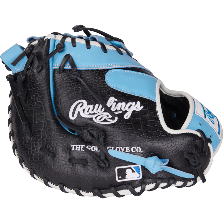 A black and blue Rawlings Heart of the Hide 13" First Base Mitt (PRORDCT-10CB).
