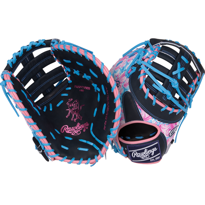 A pair of Rawlings Heart of the Hide 13" Color Sync Baseball First Base Mitts (PRORDCT-10NSS) with navy blue leather, pink palm accents, and bright blue laces—one showing the palm, the other featuring a pink swoosh pattern.