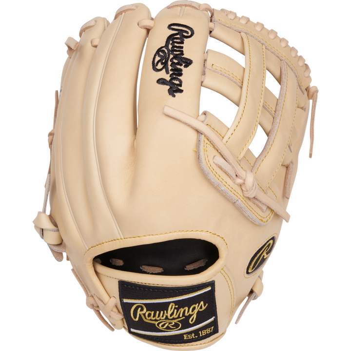 The Rawlings Heart of the Hide 12.25" Baseball Glove (PRORKB17C) features tan leather, black and gold branding on the wrist strap and back, a partially open web, and tan stitching.