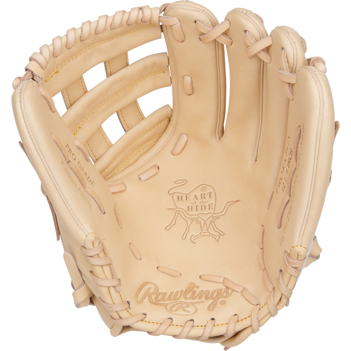 A tan Rawlings Heart of the Hide 12.25" Baseball Glove (PRORKB17C) features an open webbed pocket, detailed lacing, and the embossed âHeart of the Hideâ logoâcrafted just like a Kris Bryant model.