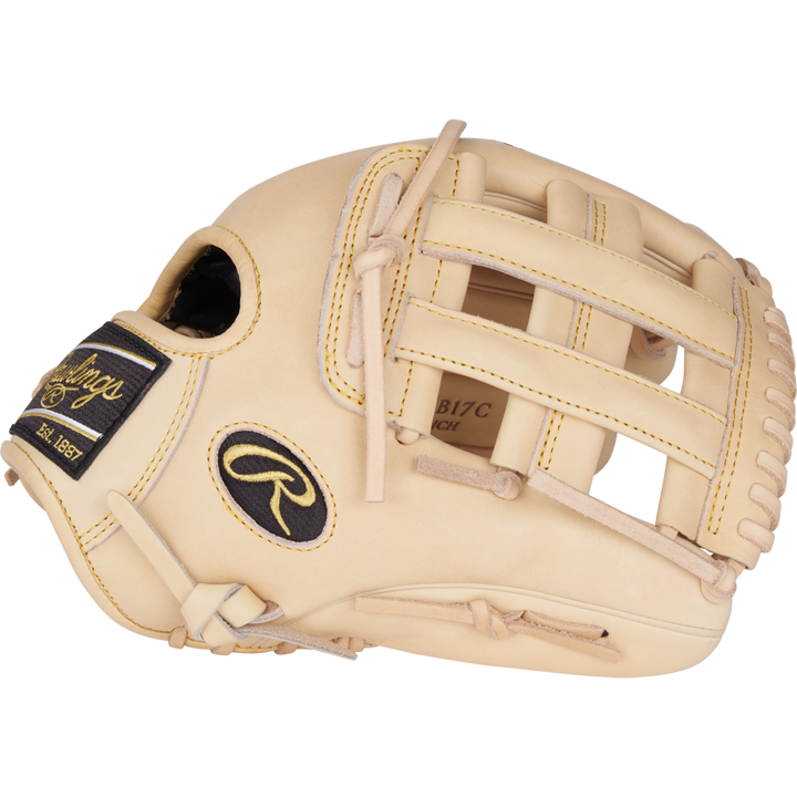 The Rawlings Heart of the Hide 12.25" Baseball Glove (PRORKB17C) features tan leather, yellow stitching, black logo patches, open web design, and lacing detailsâcrafted in the style of Kris Bryantâs glove.