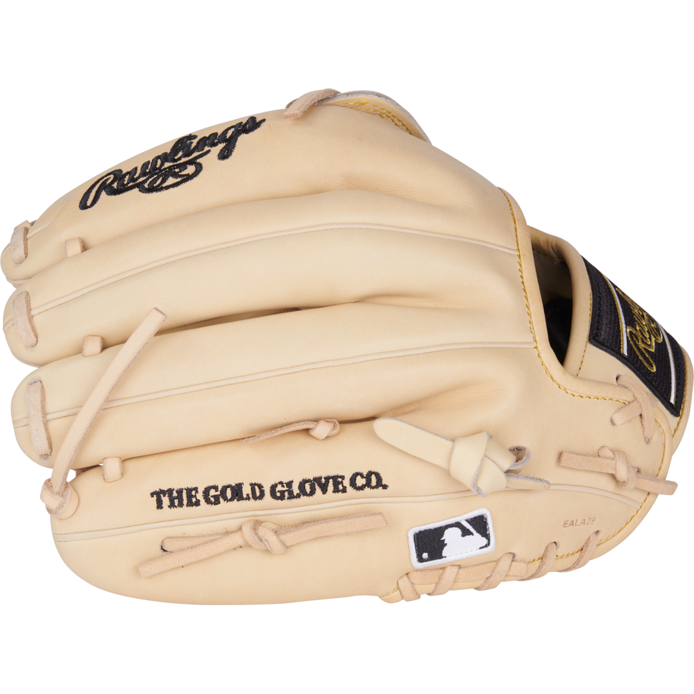 A tan Rawlings Heart of the Hide 12.25" Baseball Glove (PRORKB17C), inspired by Kris Bryant, features black Rawlings branding, "THE GOLD GLOVE CO." text, and an MLB logo patch on the wrist strap, shown on a white background.