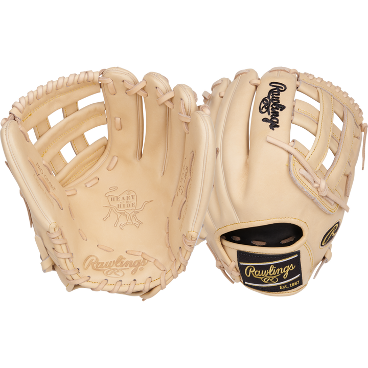 Two tan Rawlings Heart of the Hide 12.25" Baseball Gloves (PRORKB17C) are shown side by side, displaying both palm and back views, with black and gold Rawlings logos and intricate lacing.