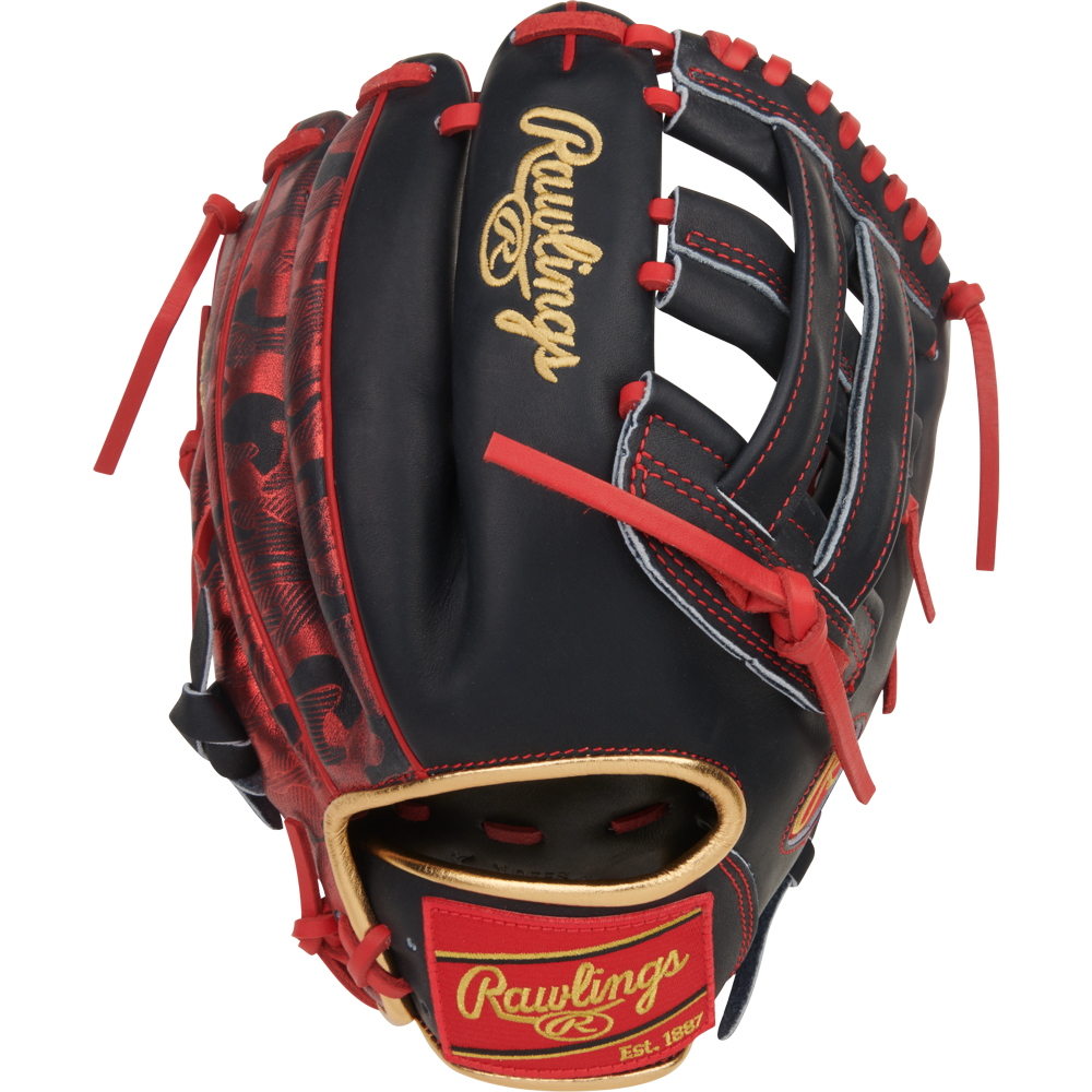 The Rawlings Heart of the Hide 12" Nolan Arenado Game Model (PRORNA28N) is a black and red glove with gold lettering, red stitching and laces, a camo thumb pattern, and a Rawlings logo patch near the wrist.