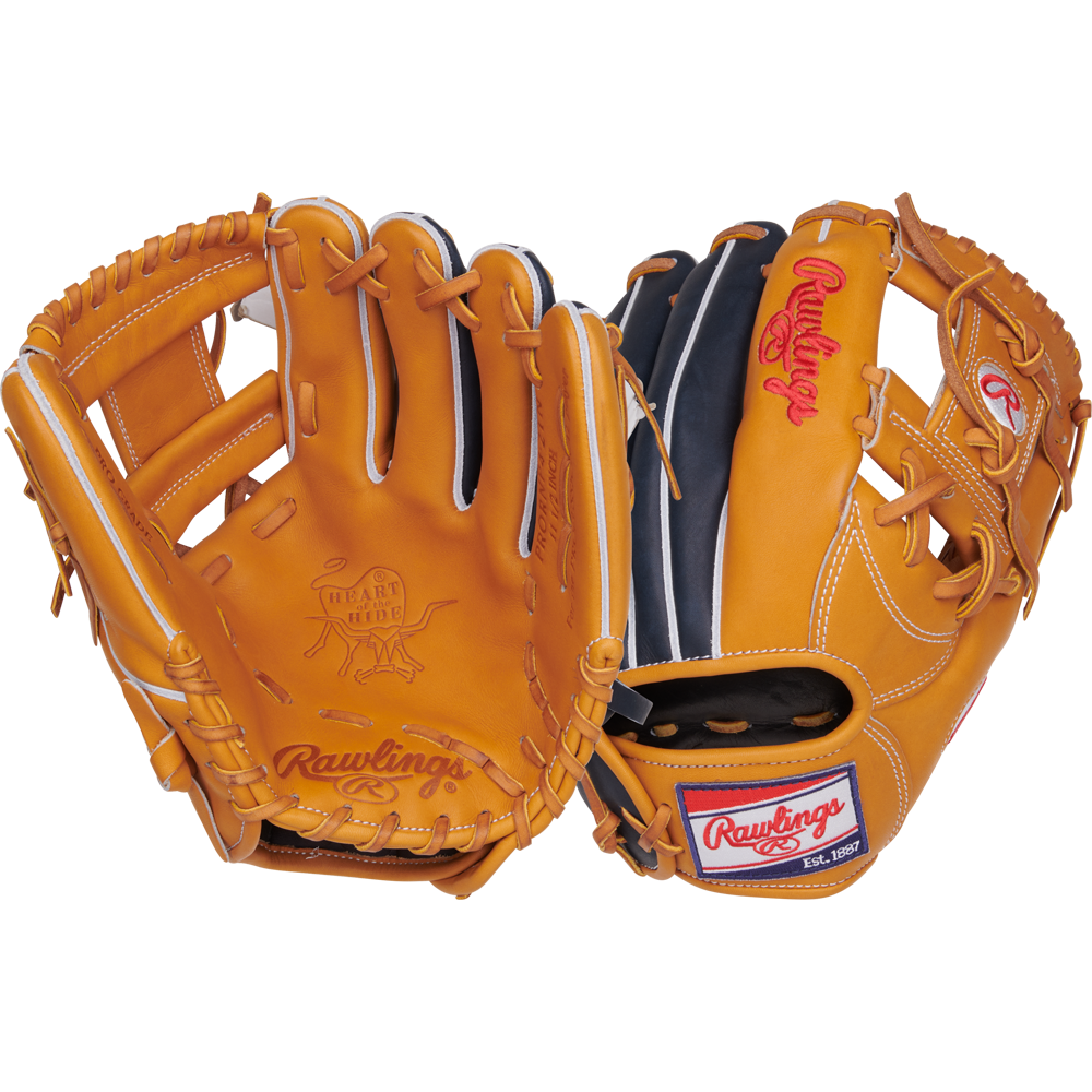 Two tan Rawlings Heart of the Hide 11.5" PRORNP4-2TN gloves are shown—one displays the embossed palm branding, while the other highlights a Pro-I web, red Rawlings patch, white stitching, and adjustable strap.