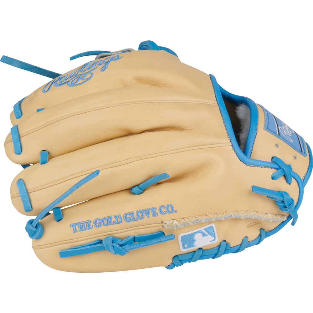 The Rawlings Pro Preferred 11.5" Baseball Glove (PROS204-2CCB) features premium kip leather in tan, blue laces and trim, the MLB logo, and "THE GOLD GLOVE CO." text on the outside.