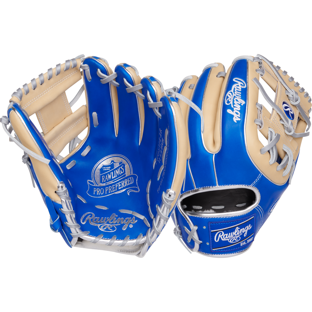 Two Rawlings Pro Preferred 11.5" Baseball Gloves (model PROS314-2R) in blue and tan with white laces, made from premium kip leather, are shown side by side to display both front and back views.