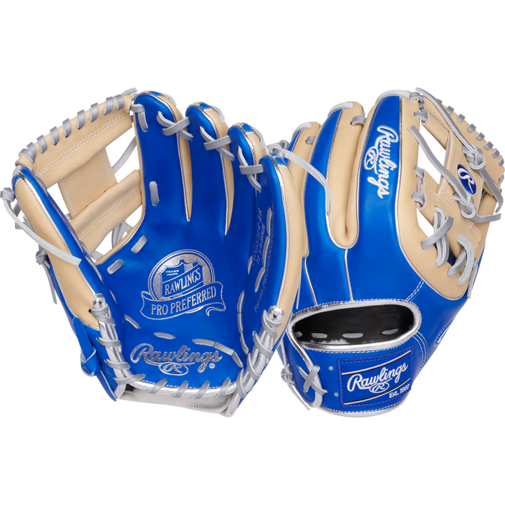 Two Rawlings Pro Preferred 11.5" Baseball Gloves (model PROS314-2R) in blue and tan with white laces, made from premium kip leather, are shown side by side to display both front and back views.
