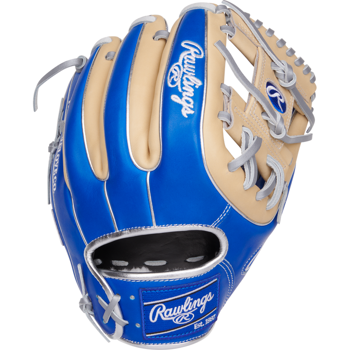 The Rawlings Pro Preferred 11.5" Baseball Glove (PROS314-2R) features premium kip leather in blue and tan with gray laces, white stitching, and the Rawlings logo on the wrist strap, pinky, and back of the index finger—ideal for infielders.