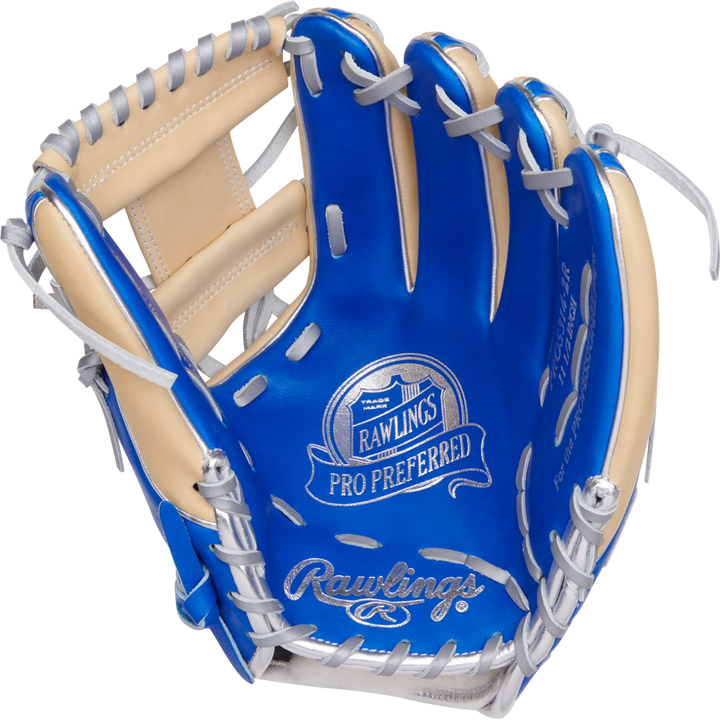 The Rawlings Pro Preferred 11.5" Baseball Glove (PROS314-2R) is a blue and tan infield glove featuring premium kip leather, white laces, open design, and prominent Rawlings branding on the palm.