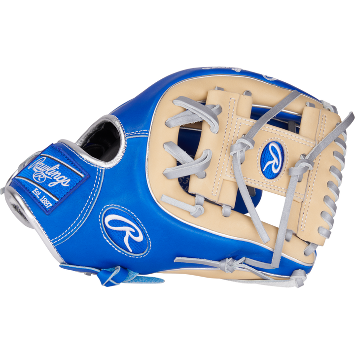 The Rawlings Pro Preferred 11.5" Baseball Glove (PROS314-2R) features premium kip leather in blue and tan, with silver laces, white stitching, and the Rawlings logo, shown on a plain white background.