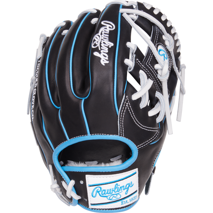 The Rawlings Pro Preferred 11.5" Baseball Glove (PROS934-2BW) features black premium kip leather, white laces, light blue trim, and the iconic Rawlings logo with an Est. 1887 patch on the wrist strapâperfect for elite infielders.